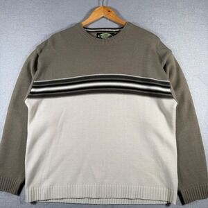 Vintage‎ White Out Mens XL Sweater Khaki Tan Stripe Crew Neck Pullover Acrylic